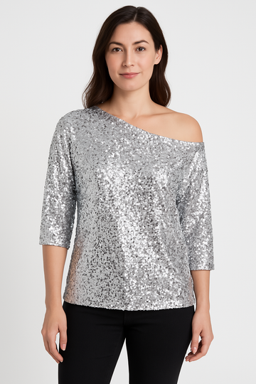 Women’s Sequin Top – Off Shoulder – Mid Sleeve – Relaxed Fit – Party Wear