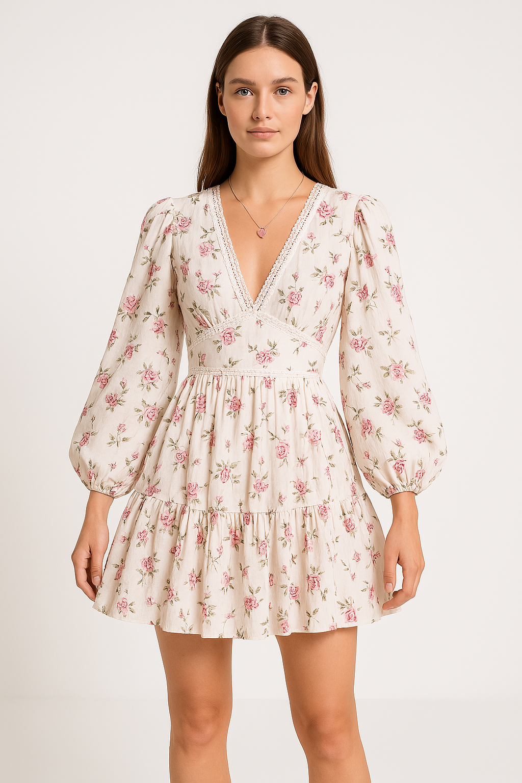 Women’s A-Line Dress – V-Neck Lace Trim – Puff Sleeve – Floral Print – Mini Length