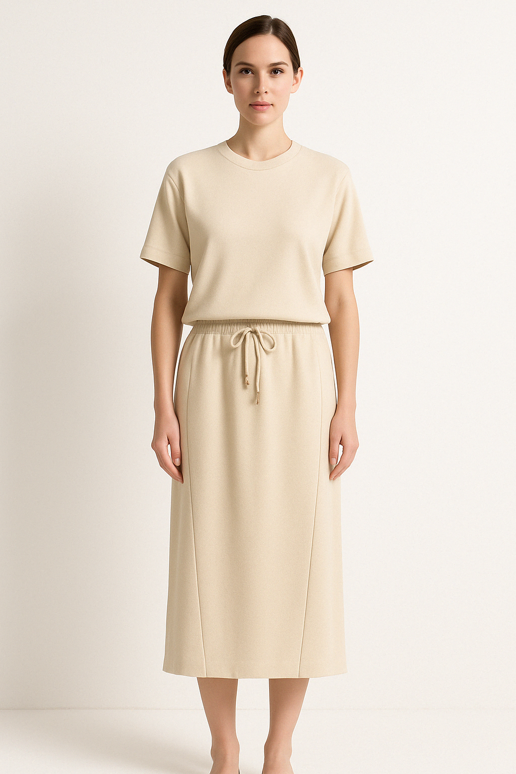 Women’s Two-Piece Set – Cotton Blend – Relaxed Fit – Short Sleeve Top & Midi Skirt