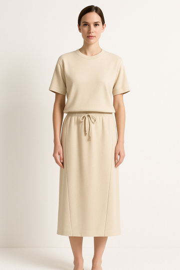 Women’s Two-Piece Set – Cotton Blend – Relaxed Fit – Short Sleeve Top & Midi Skirt