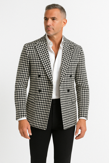 Men’s Blazer – Slim Fit – Wool Blend – Double-Breasted Check – Notched Lapel Formal Wear