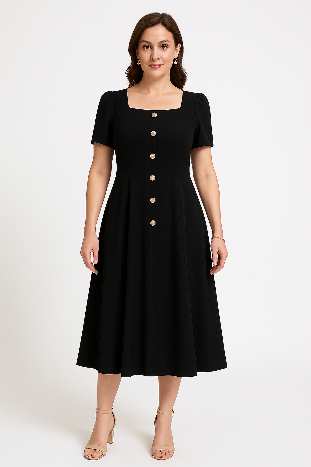 Women’s Knitted Dress – Slim Fit – A-Line Midi – Puff Sleeve – Button Front