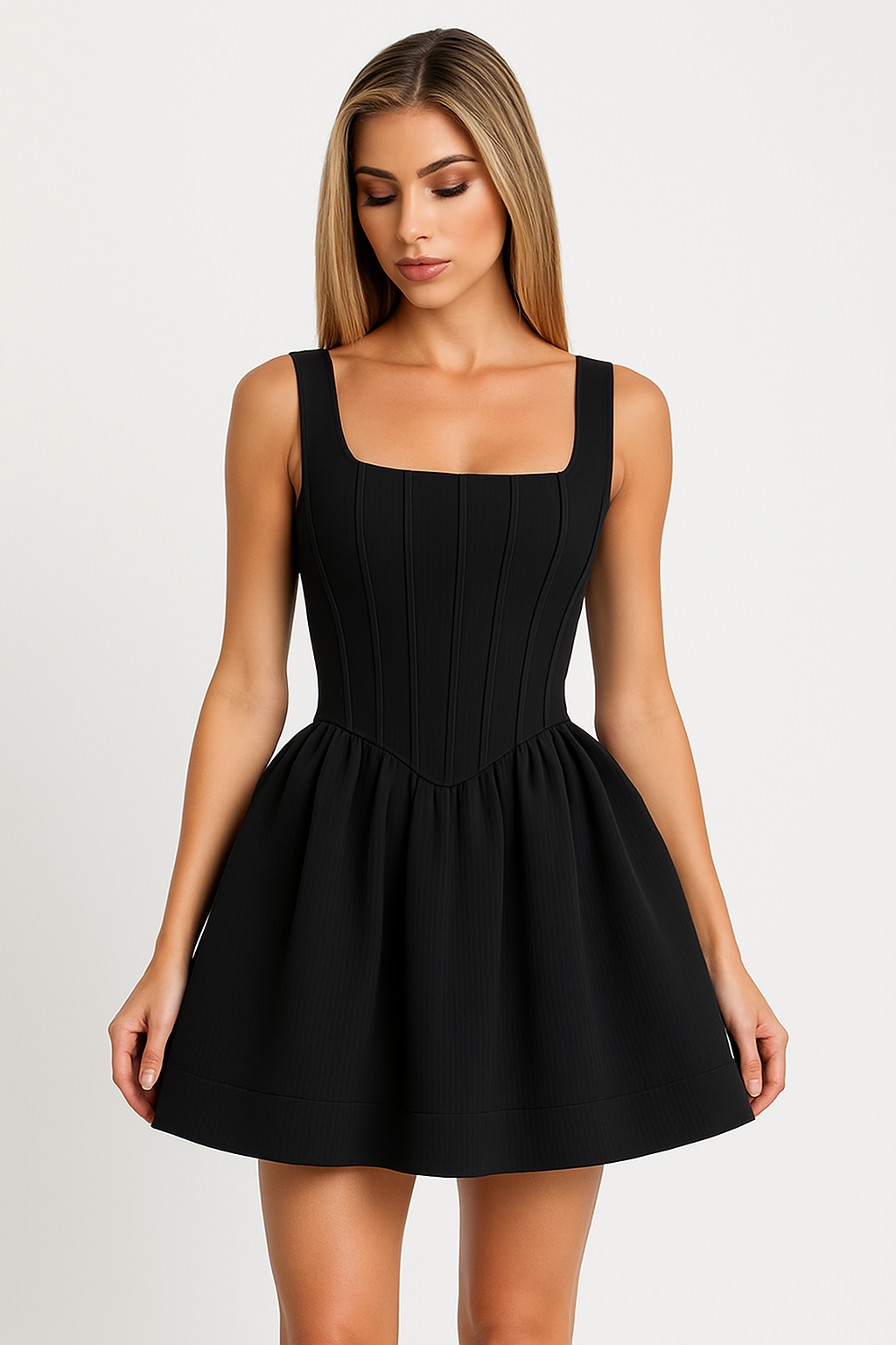 Women’s Mini Dress – Satin – Slim Fit – Sleeveless – Square Neck – Flared Skirt