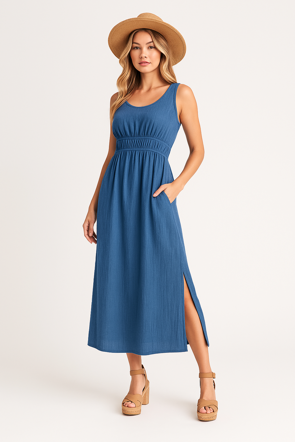 Women’s Sleeveless A-Line Dress – Midi Length – Scoop Neck – Side Slit – Relaxed Fit