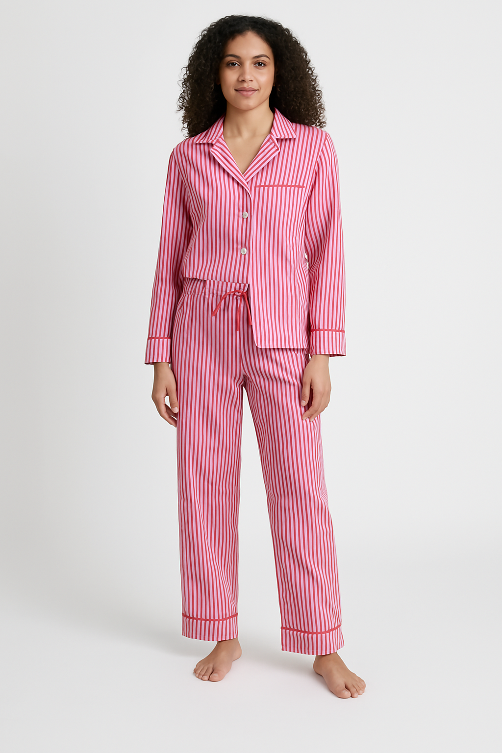 Women’s Loungewear Set – Cotton Blend – Relaxed Fit – Striped – Button Front – Drawstring Waist