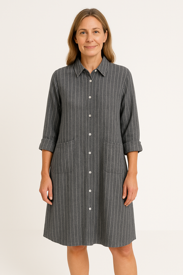 Women’s Shirt Dress – Relaxed Fit – Lightweight Cotton – Mid-Length – Striped Pattern