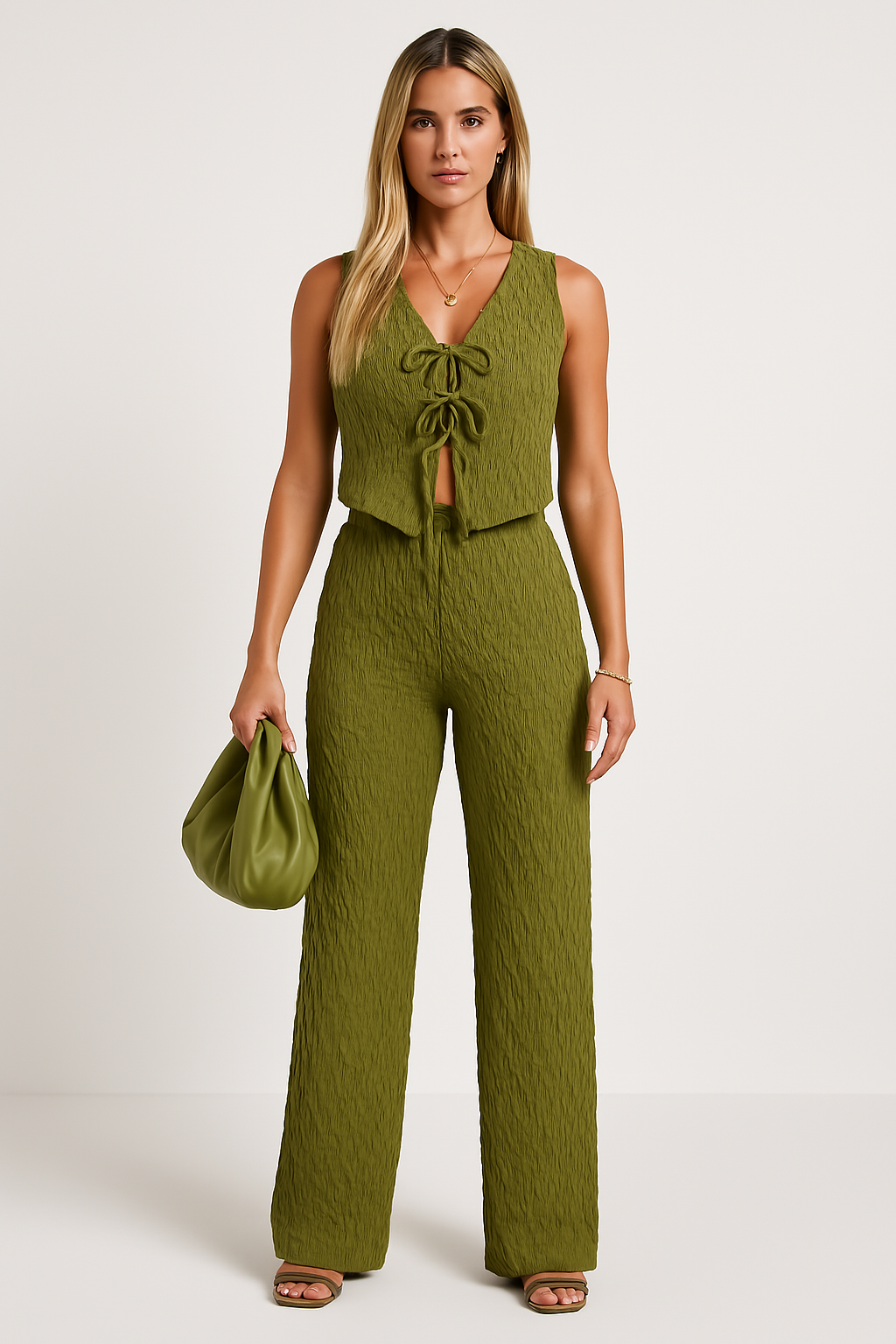 Women’s Two-Piece Set – Sleeveless V-Neck Top and Tie Front – Crinkled Relaxed Fit