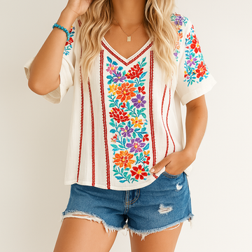 Women’s V-Neck T-Shirt – Relaxed Fit – Floral Embroidery – Cotton Blend Casual Top
