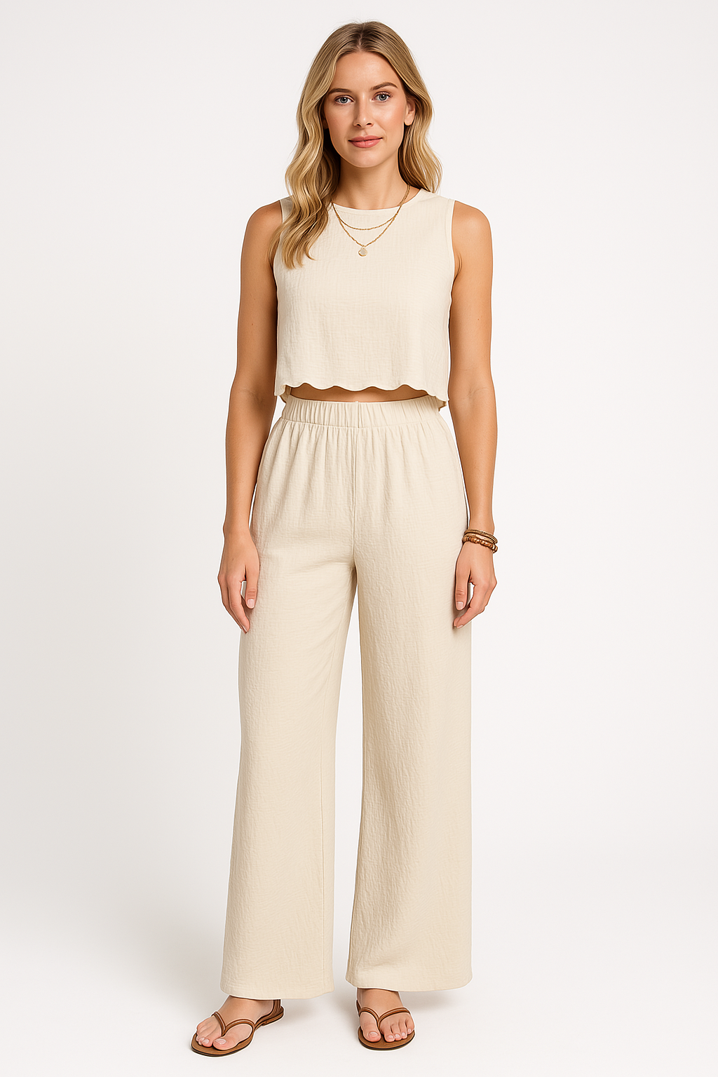 Women’s Wide-Leg Pants – Crinkled Fabric – Elastic Waist – Full Length Relaxed Fit