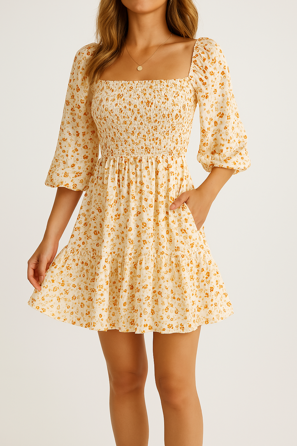 Women’s A-Line Dress – Cotton Blend – Short Sleeve – Smocked Bodice – Tiered Skirt – Pockets