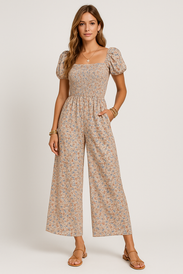 Women’s Jumpsuit – Smocked Bodice – Puff Sleeve – Wide Leg – Floral Print – Square Neck
