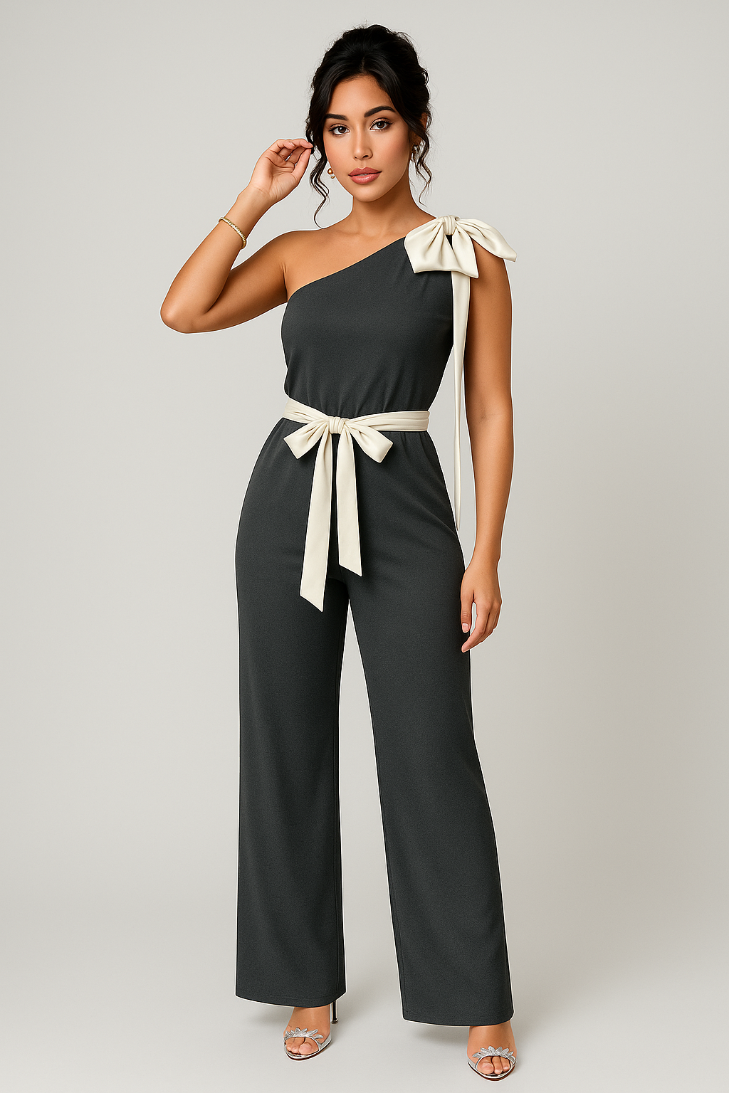 Women’s One-Shoulder Jumpsuit – Satin Texture – Tailored Fit – Bow Shoulder Accent