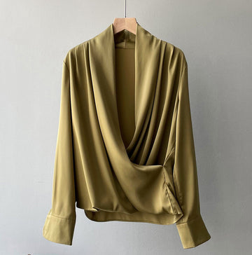 Women's Blouse - Silk Satin - Cowl Neck - Long Sleeve - Elegant Draped Fit