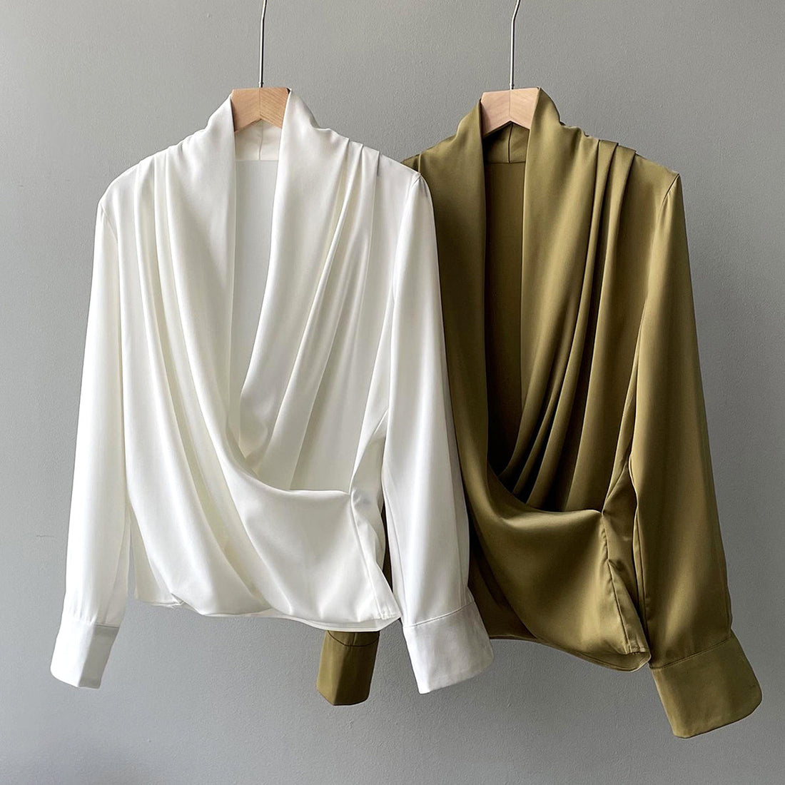 Women's Blouse - Silk Satin - Cowl Neck - Long Sleeve - Elegant Draped Fit