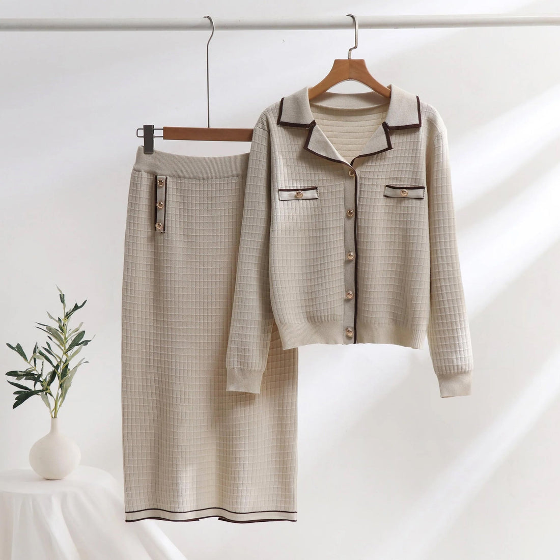 Women’s Two-Piece Knit Set – Polo Cardigan and Midi Pencil Skirt – Grid Texture