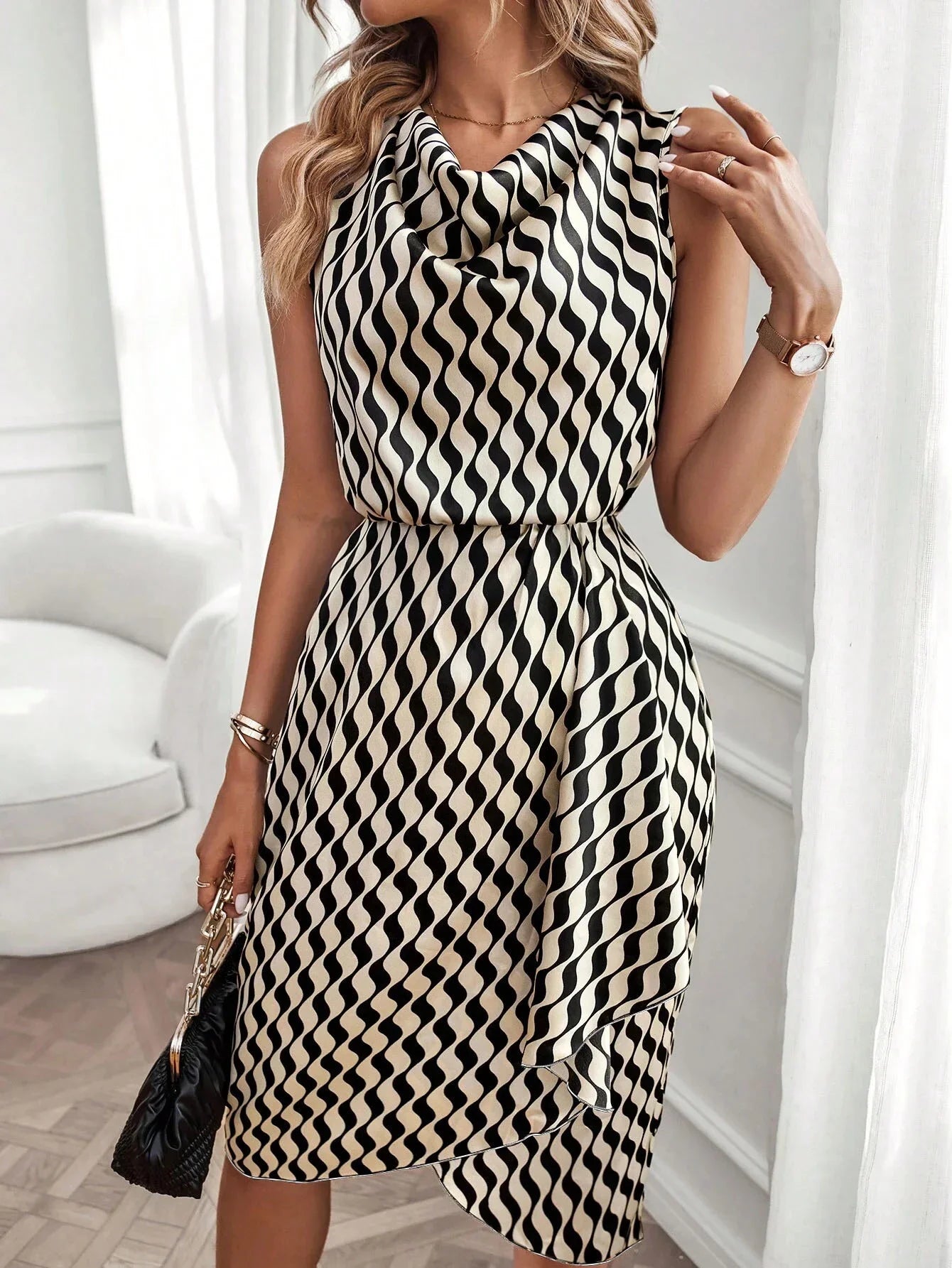 Women's Draped Asymmetrical Hem Printed Dress