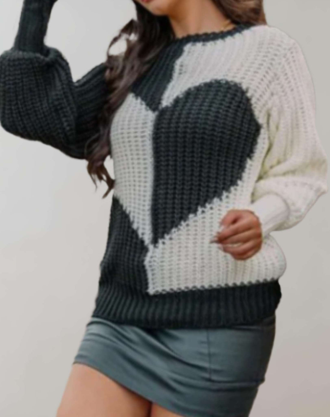 Coleen - Casual Two-Tone Knit Sweater with Heart Pattern