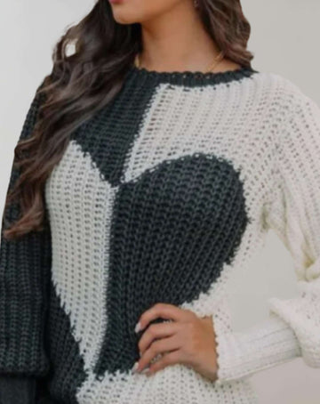 Coleen - Casual Two-Tone Knit Sweater with Heart Pattern