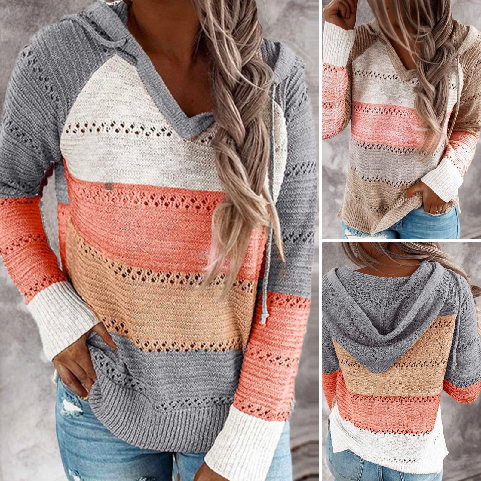 Women's casual striped knit hoodie for cozy comfort