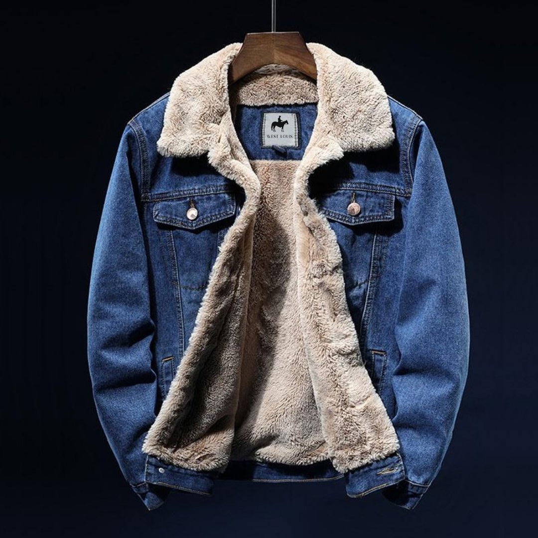 Men's distressed winter denim jacket with sherpa lining