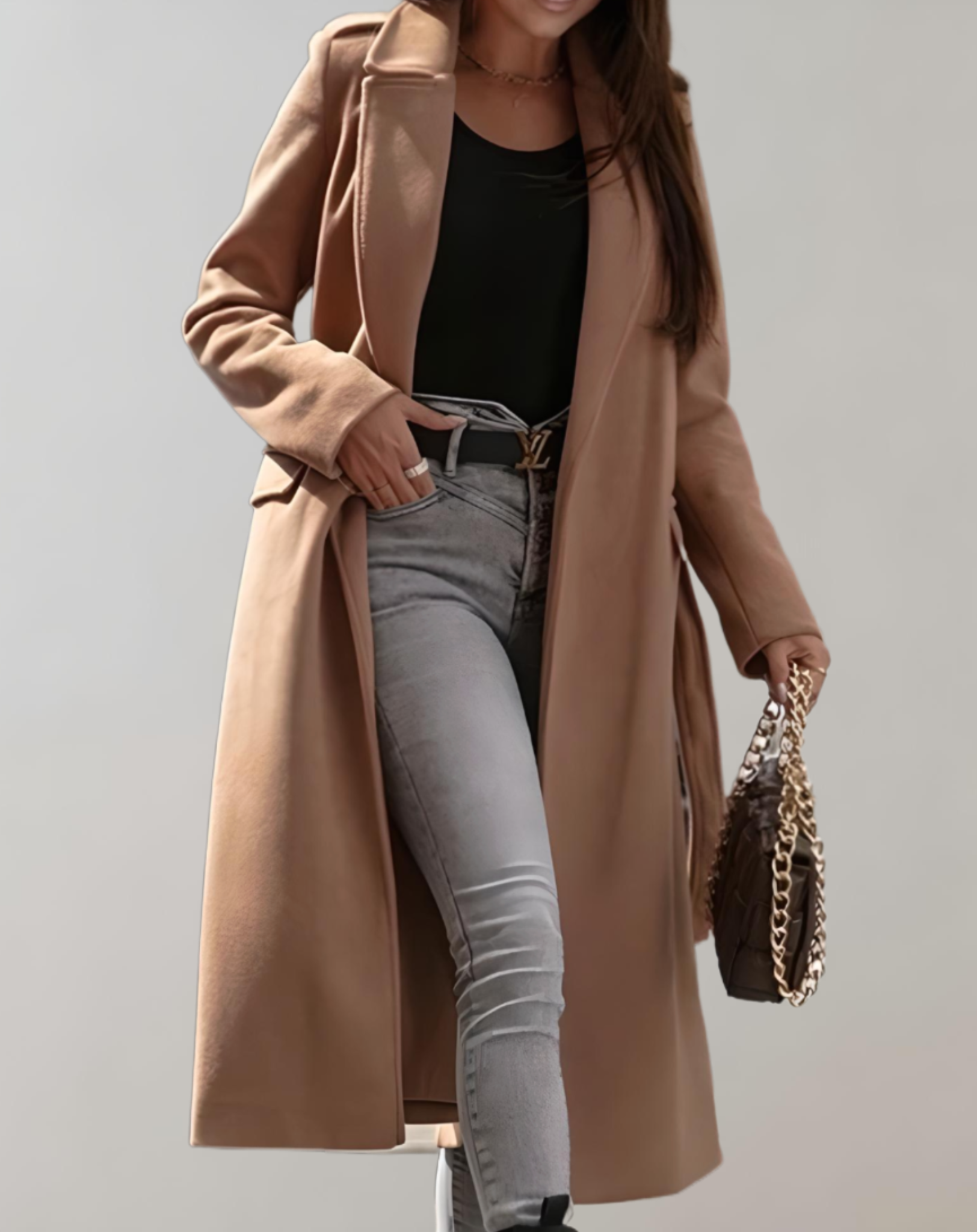 Women's Trench Coat - Belted Waist - Tailored Fit - Classic Collar Long Coat