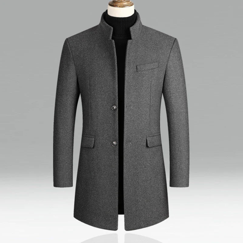 Men’s Overcoat - Wool Blend - Slim Fit - Mandarin Collar - Single-Breasted