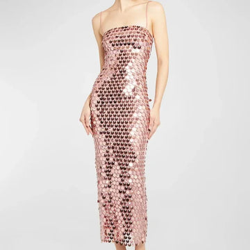 Women's Sequin Midi Dress - Fitted Silhouette - Spaghetti Straps - Elegant Evening Wear