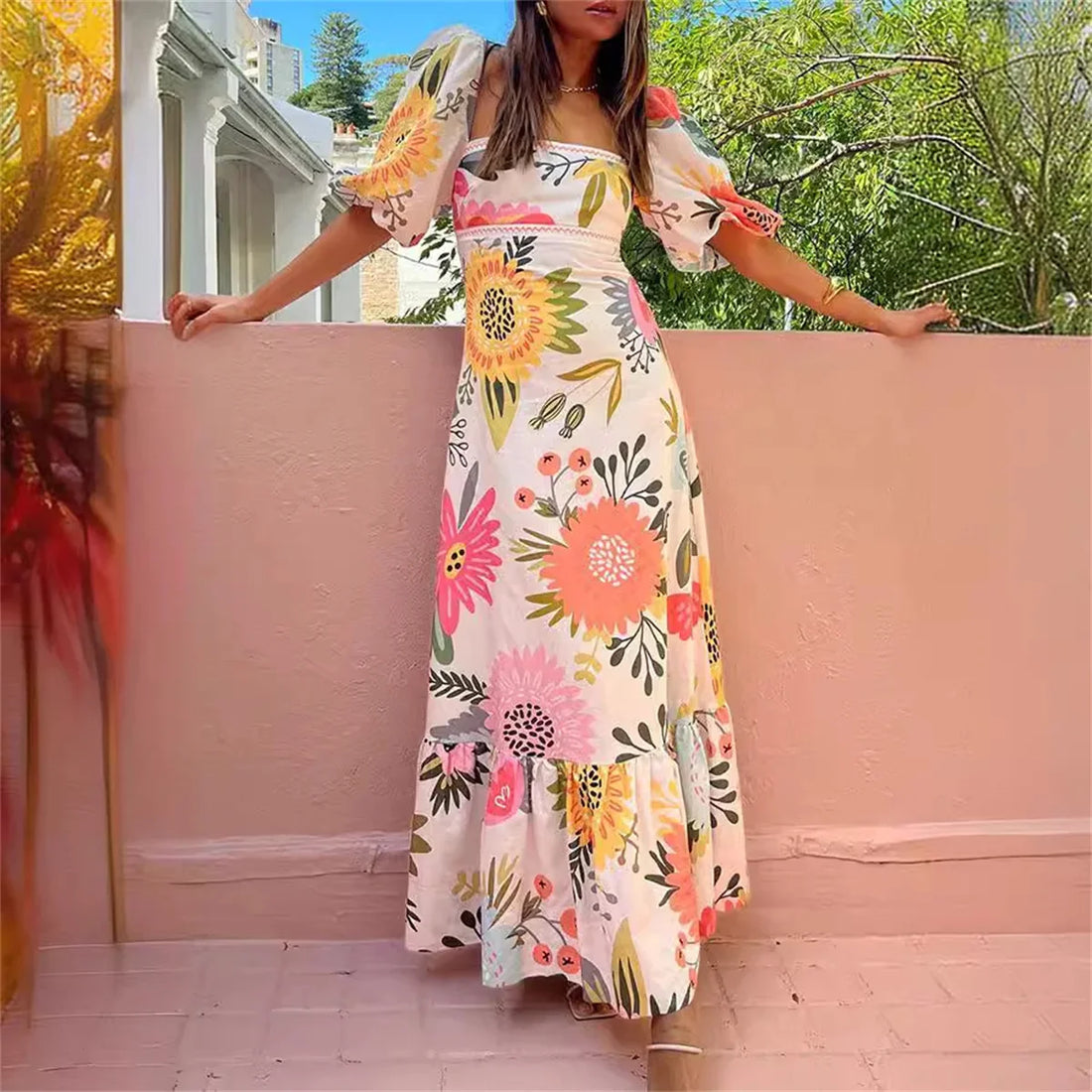 Women's Maxi Dress - Square Neck - 3/4 Puff Sleeves - Floral Print - Flowy Fit