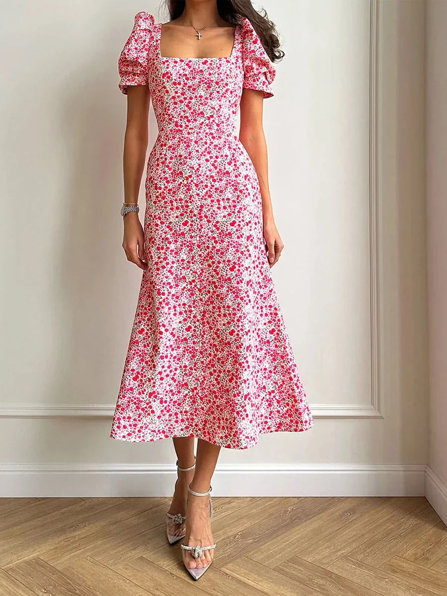 Women's Midi Dress - Square Neck - Puff Sleeve - A-Line Floral Elegant Fit