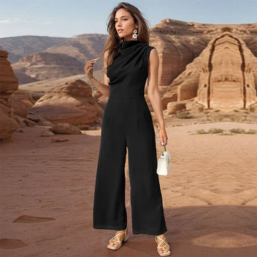 Women’s Jumpsuit - Sleeveless Asymmetrical Neckline - Tailored Waist - Wide-Leg Elegant Fit