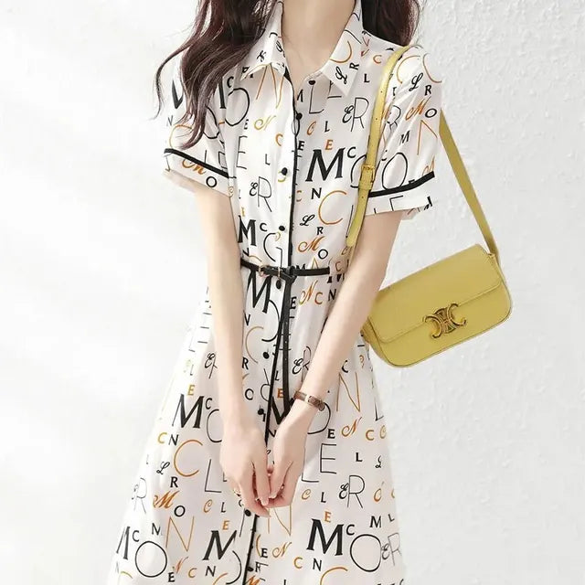 Women's Short-Sleeve Polo Dress with Letter Print and Belt