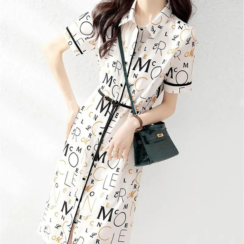 Women's Short-Sleeve Polo Dress with Letter Print and Belt