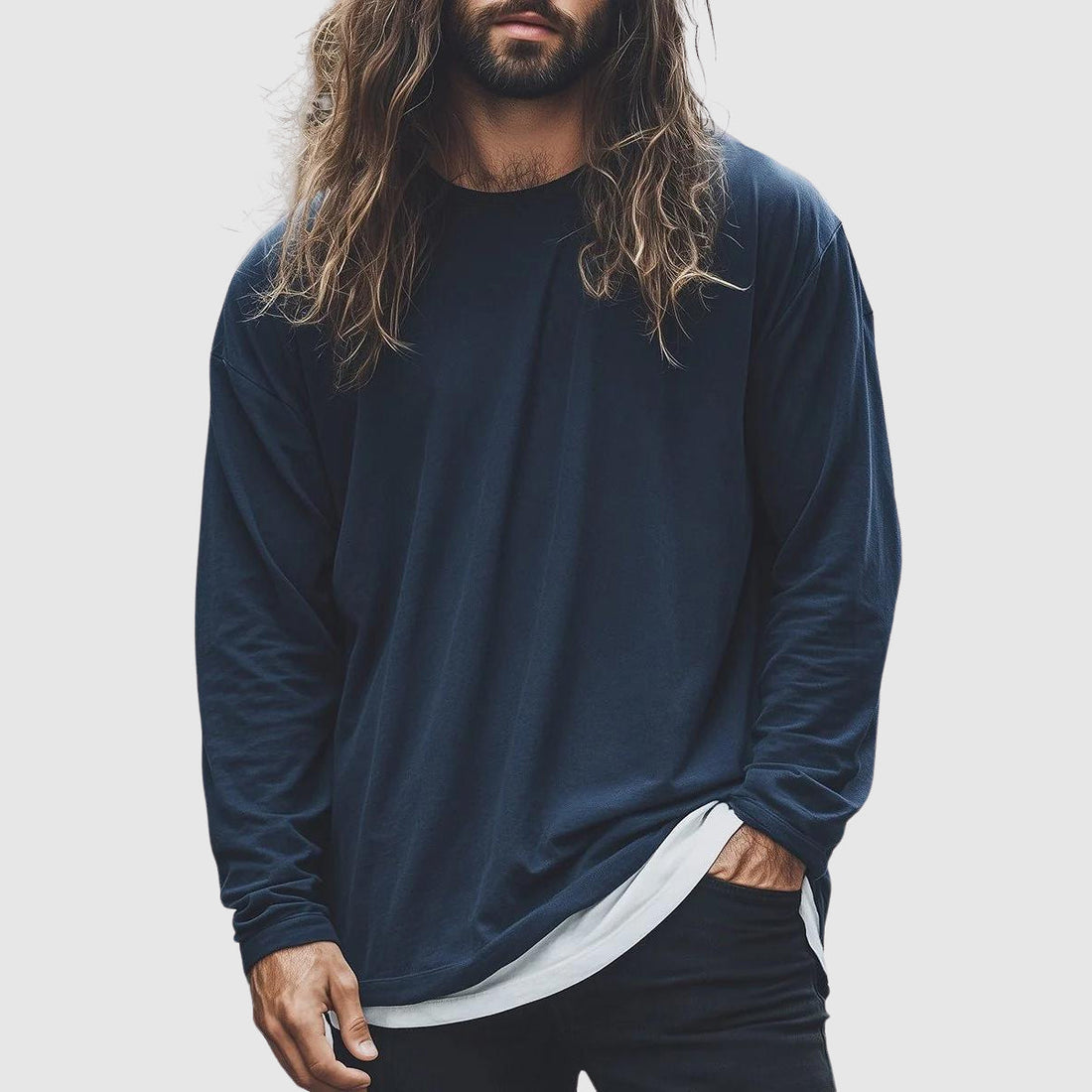 Men's relaxed fit navy long sleeve basic tee