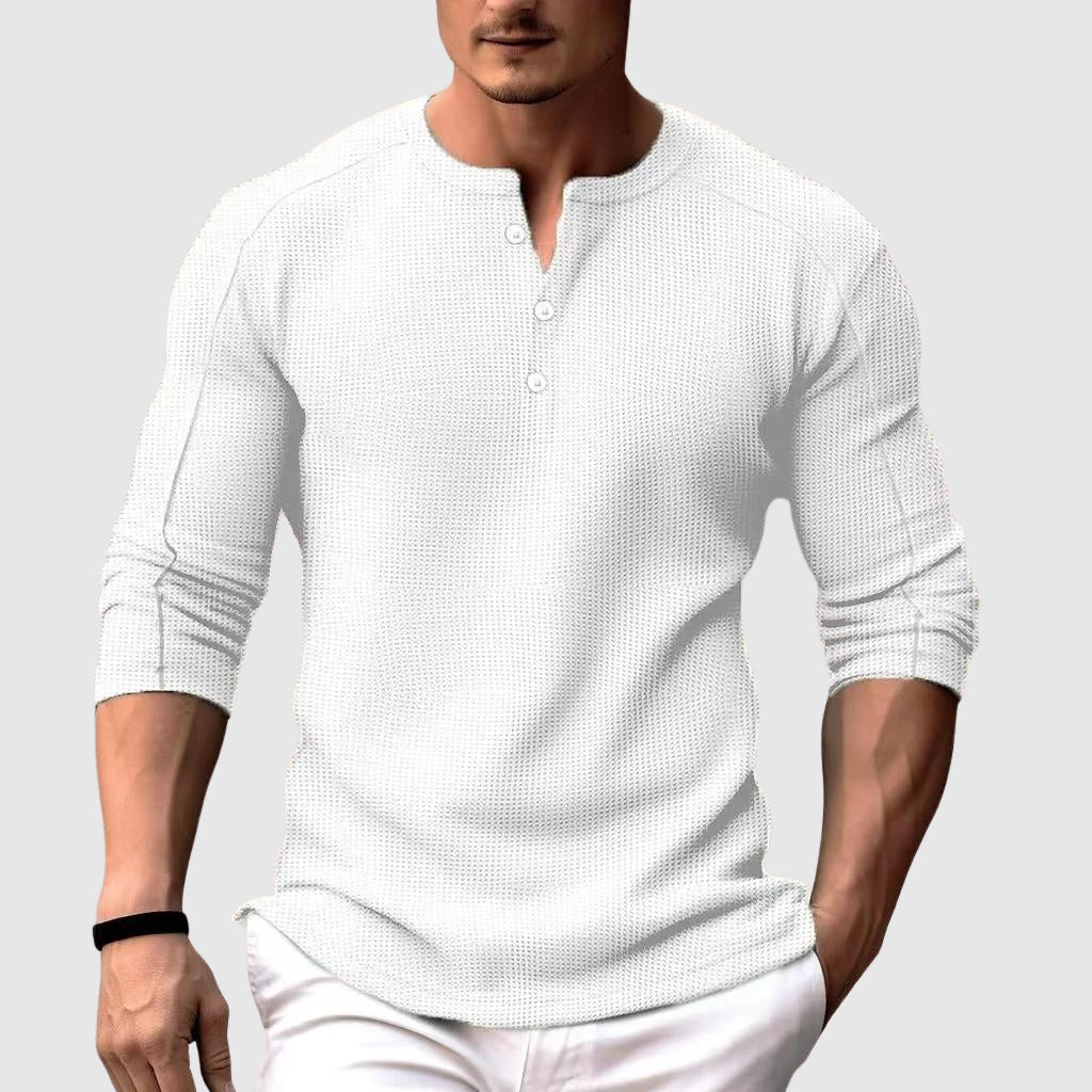 Men's waffle long sleeve henley collar T-shirt