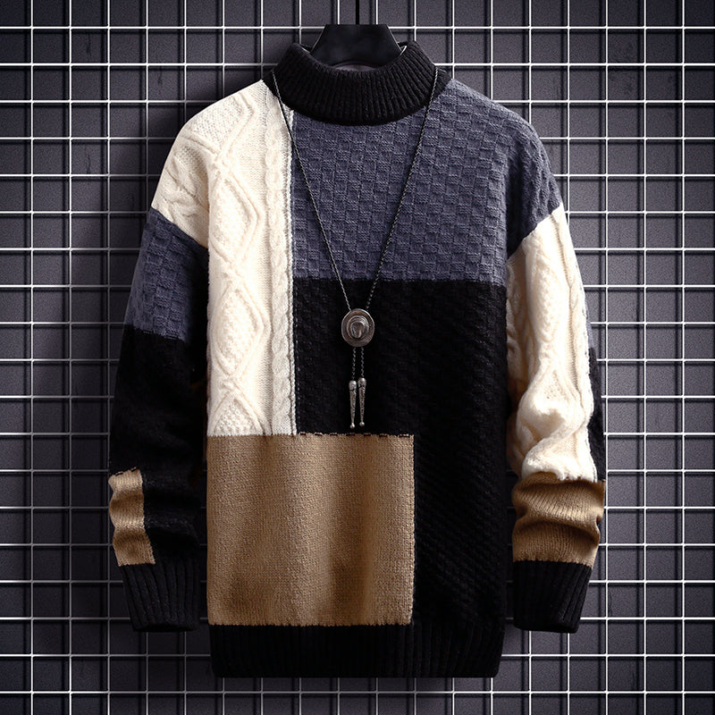 Men's patchwork knit sweater with crew neck