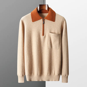 Men's long sleeve knit top with polo collar and zipper