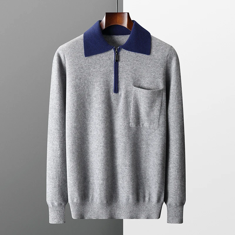 Men's long sleeve knit top with polo collar and zipper