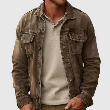 Men's distressed denim jacket with patch pockets