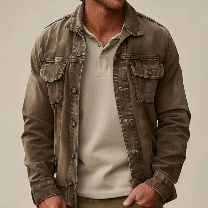 Men's distressed denim jacket with patch pockets