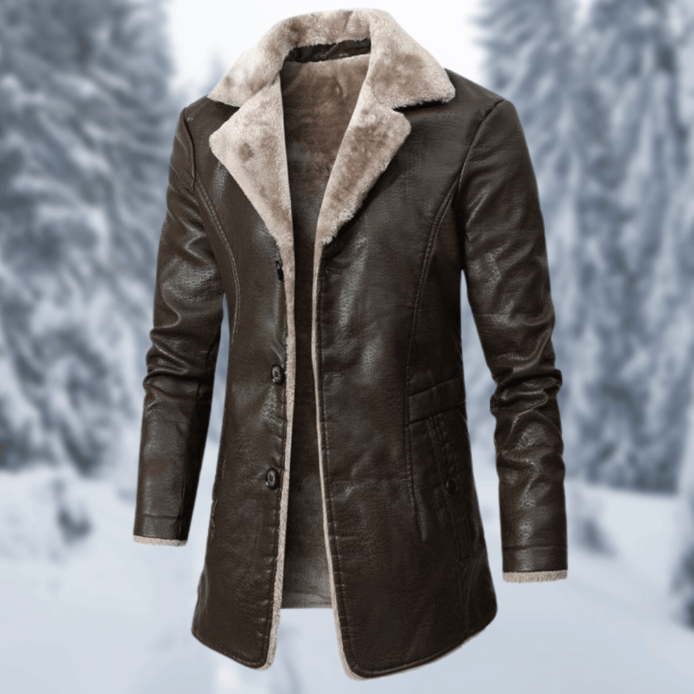 Men's classic leather coat with faux shearling collar