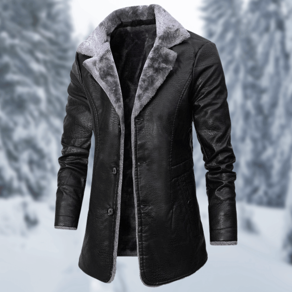 Men's classic leather coat with faux shearling collar