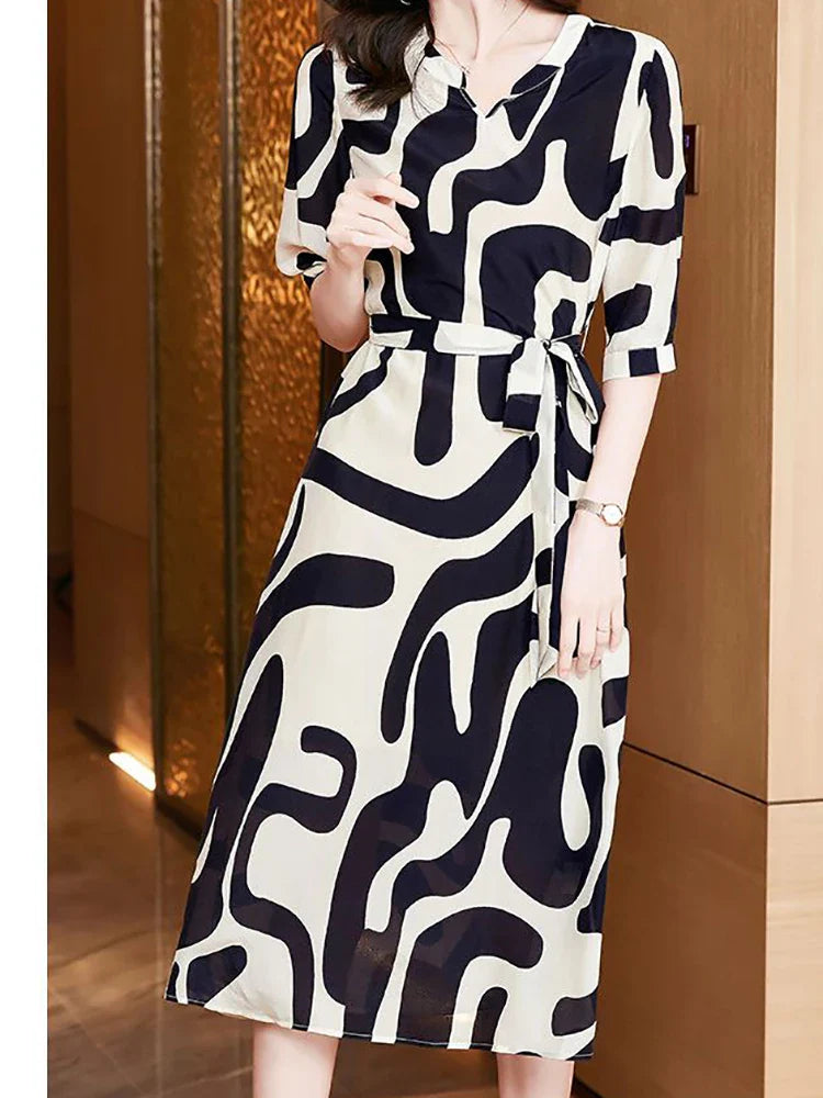 Women's Midi Dress - V-Neck - Abstract Print - Three-Quarter Sleeves - Belted Waist