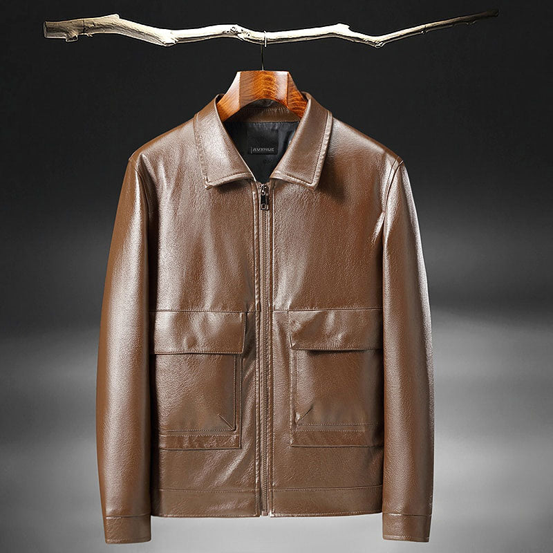 Men's modern fit leather jacket with zipper closure