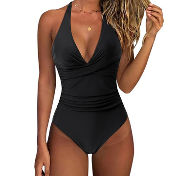 Women's One-Piece Swimsuit - Halter Neck - Deep V-Neck - Ruched Tummy Control