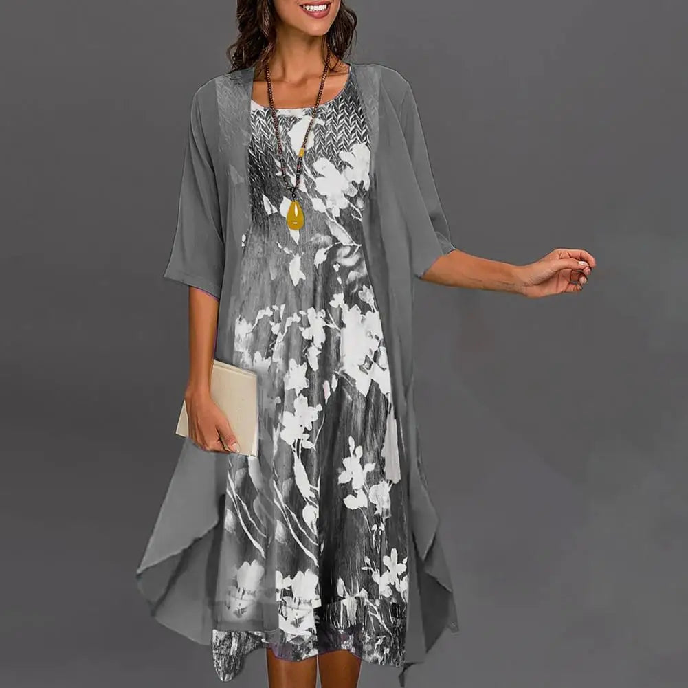 Women's A-Line Midi Dress - Flowy Layered Design - Short Sleeve Round Neck Floral