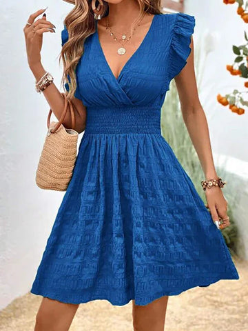 Women's Dress - V-Neck Fitted Bodice - Ruffled Short Sleeves - A-Line Flowy Skirt