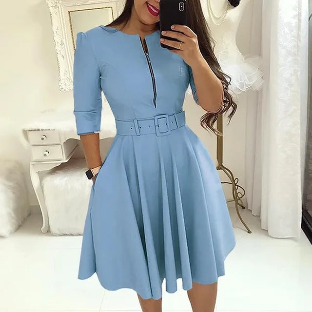 Women's Midi Dress - Three-Quarter Sleeve - Front Zipper - Belted Waist - Flared Skirt