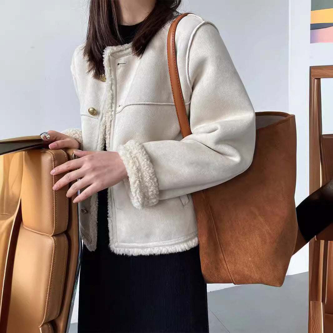 Women’s Sherpa Jacket – Boxy Fit – Suede-Like Outer – Plush Lining – Button Front