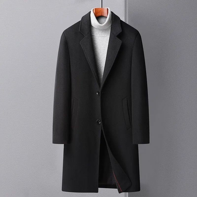 Men's warm winter overcoat with single button closure