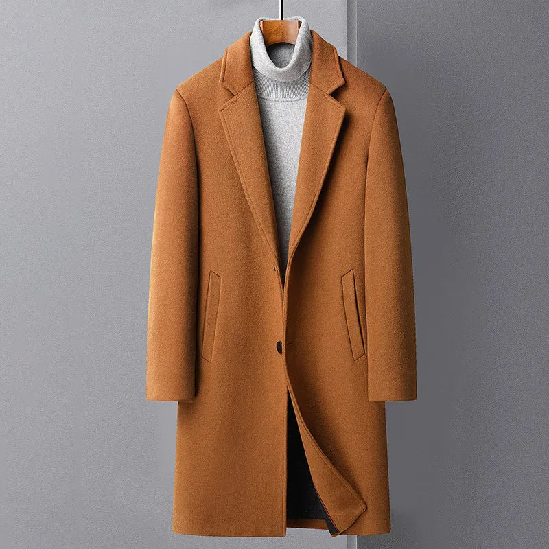 Men's warm winter overcoat with single button closure